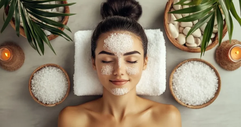 Professional applying a hydrating product during the middle phase of the three-step SaltFacial procedure