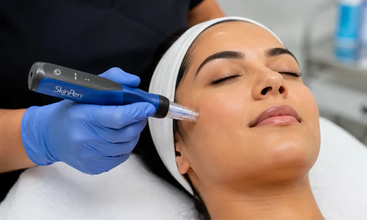 Aesthetic provider performing SkinPen collagen induction therapy on a patient